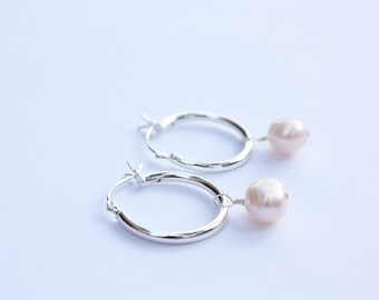 Sterling Silver Rose Pearl Hoops, Freshwater Pearl Earrings