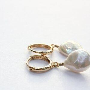 Freshwater Coin Hoop Earrings, White Cultured Pearls, Gold Filled Hoops image 9