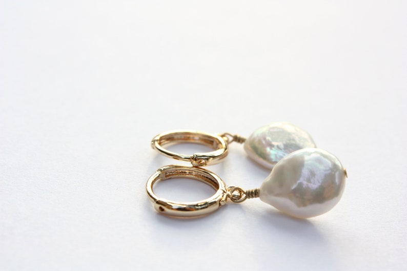 Freshwater Coin Hoop Earrings, White Cultured Pearls, Gold Filled Hoops image 9