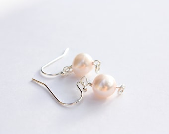 Silver Rose Pearl Earrings, Powder Rose Freshwater Pearls