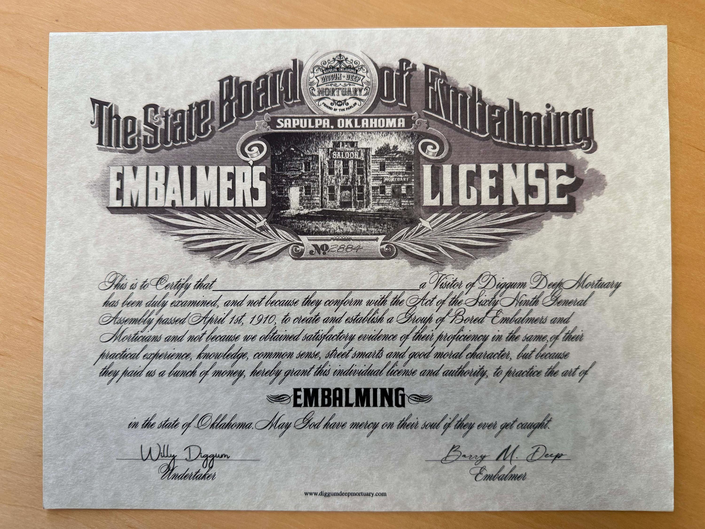 Embalmers License Certificate: Novelty Gift, Funeral Director Prank - Etsy
