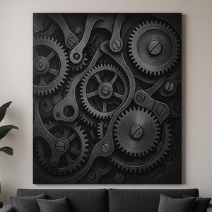 Industrial Gear Mechanism Canvas – Black and White Mechanical Wall Art | Modern Living Room Decor | Engineering-Inspired Design