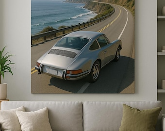 Classic Porsche 911 Malibu Coast Canvas Wall Art – Luxury Car Photography Print for Office or Living Room Decor