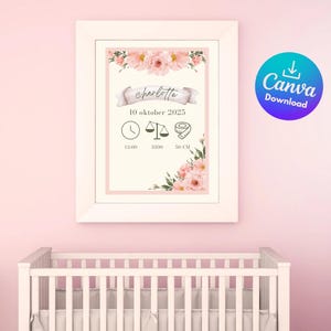Geburtsposter Mädchen | Persönliches Babyposter mit Geburtsdaten | Rosa Blumen | Babyzimmer Dekor | Name & Datum