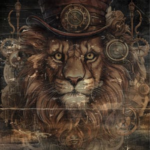 Steampunk Lion Wall Art – Vintage Steampunk Animal Print, Industrial Jungle Decor, Steampunk Top Hat Lion Illustration, Gift for Steampunk