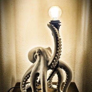 Könnte beinhalten: Eine einzigartige Oktopus-Lampe mit einer Glühbirne an der Spitze. Die Lampe ist hellgrau und hat mehrere Tentakel. Sie steht auf einer dunklen Oberfläche und hat ein schwarzes Kabel. Dekoratives Beleuchtungsobjekt.