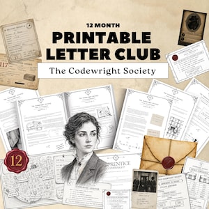 May include: A 12-month printable letter club kit titled The Codewright Society, featuring various documents, maps, and letters with vintage-style typography, a portrait of a person, and a red wax seal on a tan background with black text.