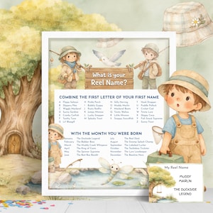 May include: A framed watercolor print with the text "What is your Reel Name?" and a list of fishing-themed names. The artwork features illustrations of children fishing, a seagull, and a dragonfly. A small card reads "Muddy Marlin, The Dockside Legend."