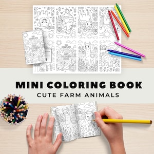May include: A mini coloring book with the text "The Complete Farm Mini Coloring Book" and several coloring pages featuring farm animals. Colored pencils are scattered around the coloring book. The text "Mini Coloring Book Cute Farm Animals" is displayed below the coloring book.