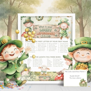 May include: A whimsical illustration featuring leprechauns, gold coins, and a sign that reads "What is your Lucky Leprechaun Name?" The artwork includes a name generator with various combinations. The overall theme is St. Patrick's Day and Irish folklore.