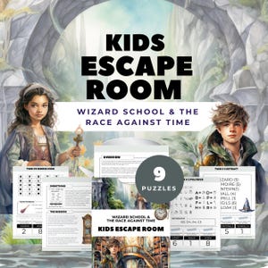 May include: An illustrated advertisement for a "Kids Escape Room" game, with a wizard school theme. The image features children, puzzles, and the text "9 Puzzles". The game is titled "Wizard School & The Race Against Time".