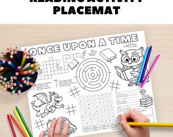 Placemat voor kinderen met leesthema, afdrukbare boekenwurm en boekdraak-werkbladen met spelletjes, kleurplaten en puzzels voor klaslokalen, thuisonderwijs