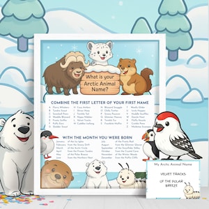 May include: A framed print with an arctic animal name game. The print features cartoon illustrations of arctic animals, including a polar bear, musk ox, and squirrel. The text reads "What is your Arctic Animal Name?" and includes a chart to determine the name.