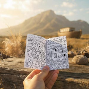 May include: A small, open book with black and white illustrations of Noah's Ark and animals. The book is held in a hand, with a mountain and a larger ark in the background. The illustrations depict a man building the ark and animals on the ark.