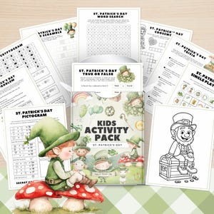 May include: A St. Patrick's Day kids activity pack with various games and puzzles, including a word search, crossword, and true or false. The cover features illustrations of leprechauns and shamrocks. The pack includes coloring pages and a pictogram.