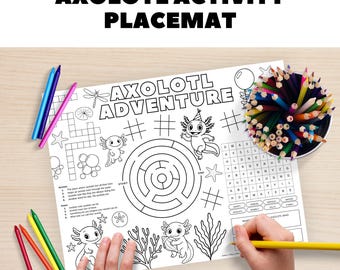 Axolotl-activiteitenplacemat voor kinderen, afdrukbare kleurplaat, doolhof, kruiswoordraadsel en woord zoeken, verjaardagsfeestje, klaslokaal en leuke leermat, download