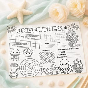 May include: Black and white activity sheet with the words "UNDER THE SEA" and various games, including a crossword puzzle, a maze, and a 4-in-a-row game. The sheet features illustrations of sea creatures like a mermaid, octopus, and crab.