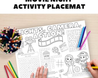Movie Night Activity Placemat Printable, Kids Film-Themed Games & Puzzles, Screen-Free Fun for Parties, Classrooms and Family Night, Awards