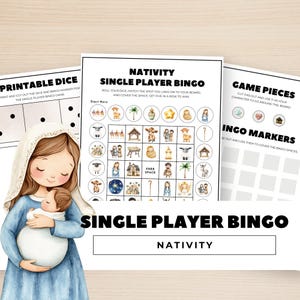 Peut inclure: Illustration à l'aquarelle de Marie tenant l'enfant Jésus, avec un jeu de bingo en arrière-plan. Le jeu de bingo intitulé "Nativity Single Player Bingo" comprend des pièces de jeu, des marqueurs de bingo et des dés imprimables. Le jeu présente des illustrations de scènes de la nativité.