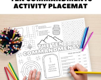Ten Commandments Kids Activity Mat, Christian Bible Printable Placemat with Coloring, Word Search & Crossword for Sunday School, Scripture