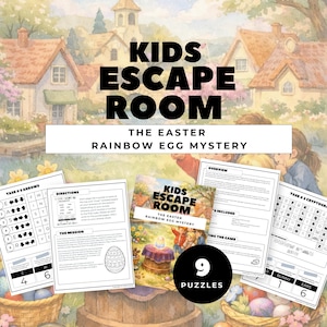May include: A colorful image of a children's Easter-themed escape room game. The title reads "KIDS ESCAPE ROOM" and "THE EASTER RAINBOW EGG MYSTERY." The image includes puzzle sheets, a game overview, and the text "9 PUZZLES."
