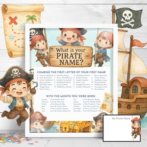 May include: A framed pirate-themed party game with the text "What is your PIRATE NAME?" and a list of pirate names. The image includes cartoon pirates, a treasure map, a pirate ship, and a small card that says "My Pirate Name".