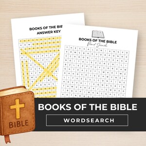May include: A Bible-themed word search puzzle with the text "Books of the Bible" and "Wordsearch." The image includes a brown leather-bound Bible with a gold cross and a red ribbon. The puzzle is printed on white paper.