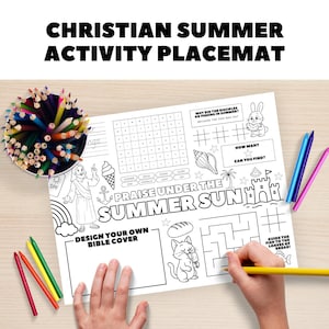 Christian Summer Activity Placemat, Kids Bible Faith Printable with Coloring, Mazes & Games for VBS, Sunday School, Church, Instant Download