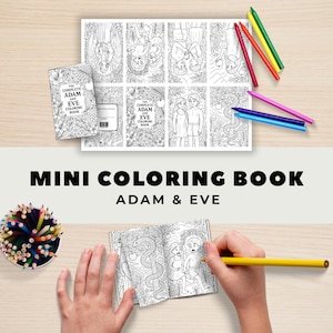 Może przedstawiać: Mini książeczka do kolorowania zatytułowana "Complete Adam and Eve Coloring Book" z czarno-białymi ilustracjami. Obraz zawiera kredki i częściowo pokolorowaną stronę z tekstem "MINI COLORING BOOK ADAM & EVE".