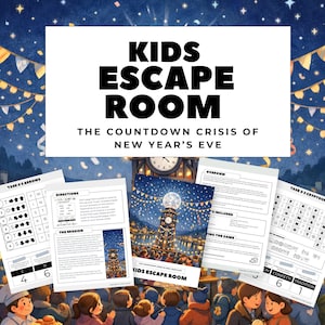 May include: A colorful illustration for a kids' escape room game. The title "KIDS ESCAPE ROOM" is displayed above the text "THE COUNTDOWN CRISIS OF NEW YEAR'S EVE." Several game pages are visible, featuring puzzles and instructions. The scene includes a crowd of children.