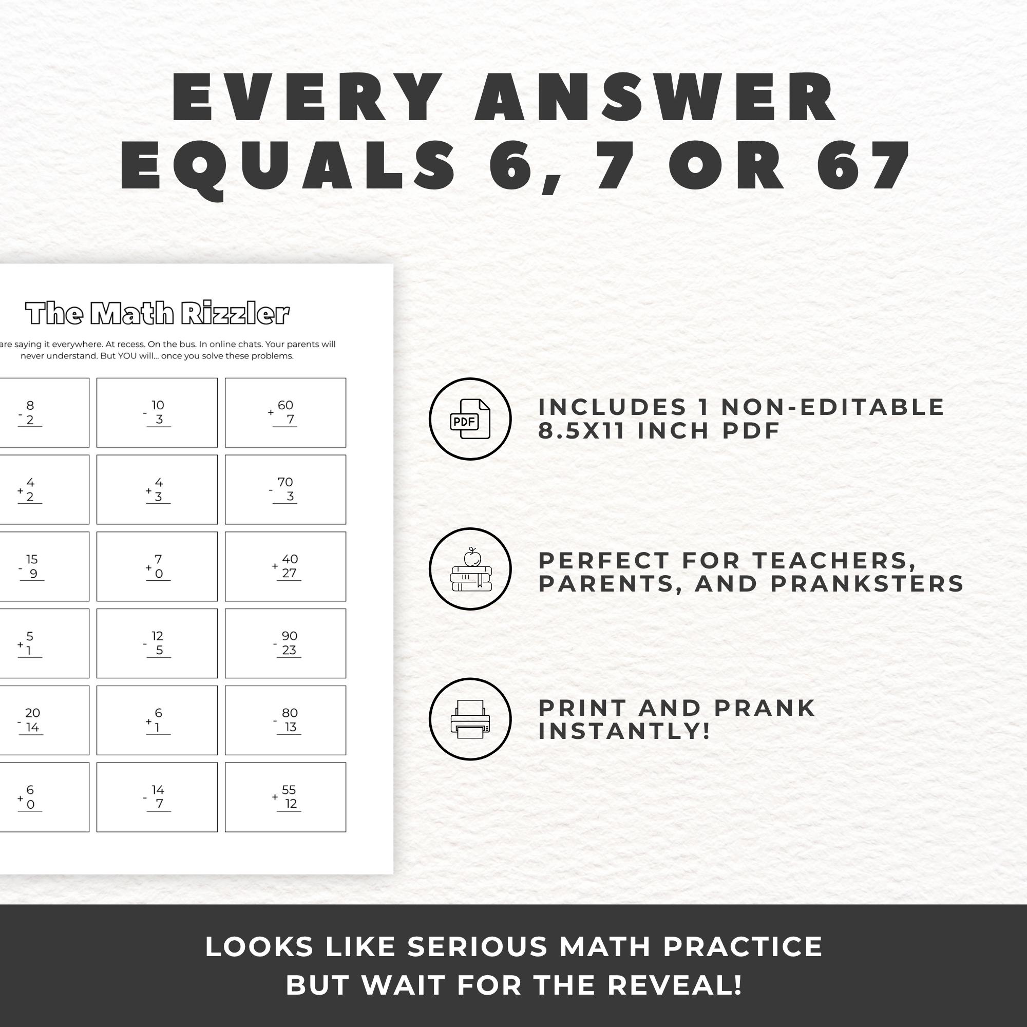 Prank Math Worksheets The 6-7 Worksheet, Funny Math Prank Printable, Classroom Icebreaker ...