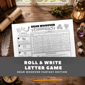 May include: A white paper sheet titled Dear Whoever A Roll & Write Letter Game featuring a grid with numbered rows and columns, instructions for gameplay, and icons of dice, envelopes, and pencils printed in black ink on a white background.