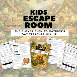 May include: A St. Patrick's Day themed Kids Escape Room game with the title "The Clover Glen St. Patrick's Day Treasure Mix-Up". The image shows a game cover and several puzzle pages with illustrations of a treasure chest and a leprechaun.