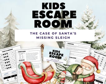 以下が含まれることがあります： 「KIDS ESCAPE ROOM」と「THE CASE OF SANTA'S MISSING SLEIGH」のテキストが入った、クリスマスをテーマにしたキッズエスケープルームゲーム。赤いそり、サンタクロース、エルフ、パズルシートが描かれています。