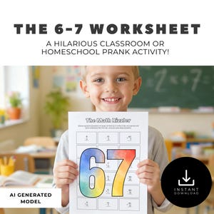 May include: A white paper worksheet titled The Math Rizzler featuring a grid of basic arithmetic problems and large, colorful watercolor-style numbers 6 and 7 in the center, held up against a blurred background of a classroom setting.