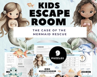 May include: An illustrated design for a children's escape room game, featuring mermaids, fish, and the text "KIDS ESCAPE ROOM" and "THE CASE OF THE MERMAID RESCUE". Includes 9 puzzles. The colour scheme uses soft blues and pastels.