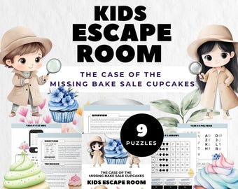 May include: A digital Kids Escape Room game with the theme "The Case of the Missing Bake Sale Cupcakes." The image features cartoon detectives, cupcakes, and puzzle elements. The game includes 9 puzzles and is designed for children.
