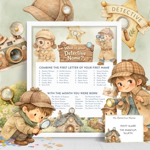 May include: A framed print with a detective theme, featuring illustrations of children dressed as detectives with magnifying glasses. The text "What is your Detective Name?" is displayed, along with a list of detective names and months.