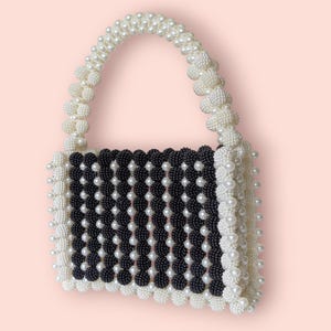 pearl handbag,Beaded Clutch, Purse, black&white handbag,handmade bag, Dazzling Beaded Embroidery, Luxurious, Faux Pearl, for any occasion