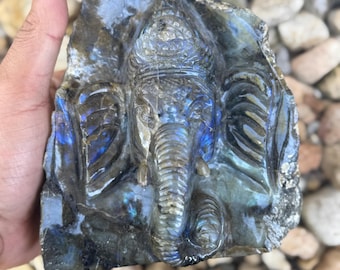 Labradorite Ganesha Statue: Hand-Carved Crystal Elephant Figurine, 5 Inch