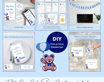 May include: A baby shower bundle with a teddy bear theme. Includes invitations, games, welcome banner, menu cards, thank you cards, and signs. The design features blue and white accents with a teddy bear graphic and the text "Baby Shower".