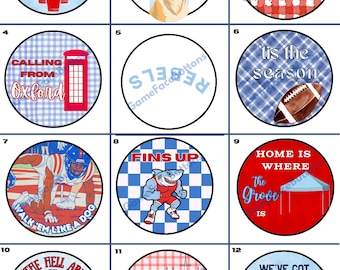 May include: A collection of twelve round buttons with various designs and text. Designs include a red cup party theme, a dog, a football, a telephone booth, a shark, and text like "Party in the Sip" and "Home is Where the Grove Is."