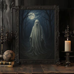 Halloween Ghost Wall Art Printable - Dark Moody Forest Poster, Spooky Halloween Decor, Gothic Haunted Printable Art Print