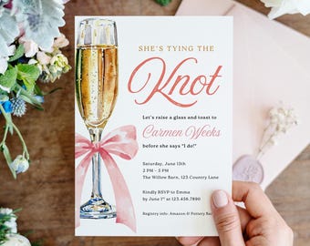 May include: A wedding invitation with a champagne glass illustration and a pink bow. The text reads "She's Tying the Knot" and invites guests to celebrate Carmen Weeks. Details include the date, time, and location.
