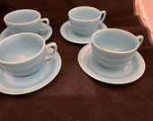 Six Sets Homer Laughlin Carnival Mother Oats Tea Cups Saucers 4 Matching Aqua, 2 Yellow Saucers with Aqua Cup, Grey Cup