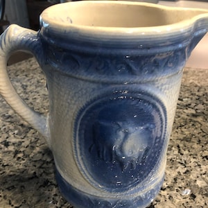 Vintage 1890 Saltglazed Stoneware Yellowware Pitcher with Blue Grazing Cows