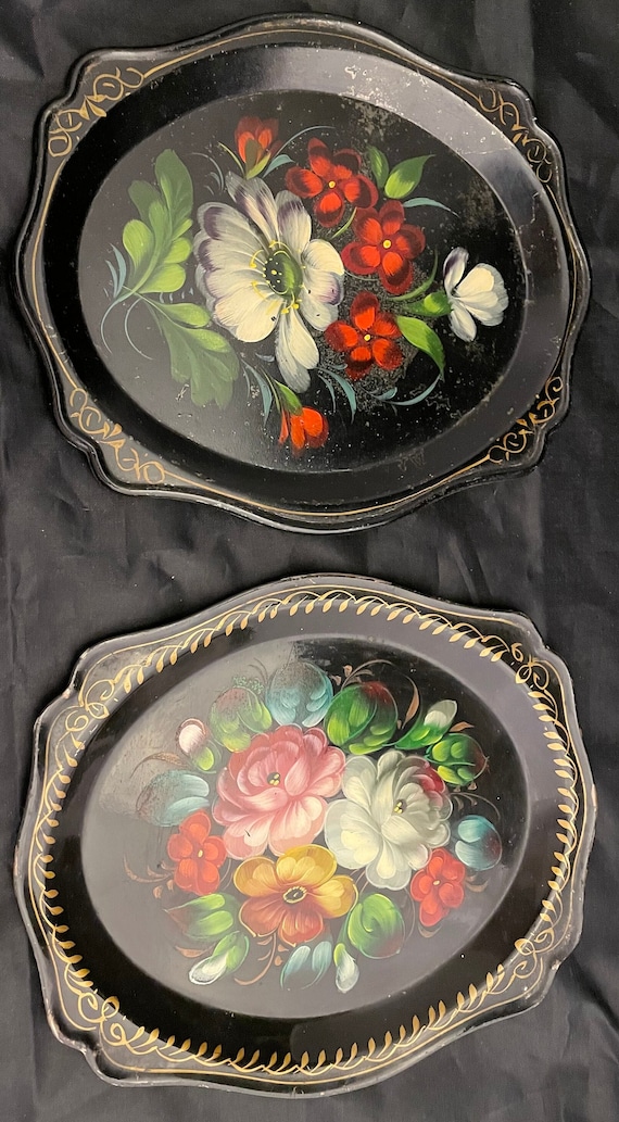 Plateau Russe Vintage En Métal Peint – Motif Floral, Signé, Années 1940