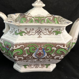 4 Color Staffordshire Transferware Tea Pot & Creamer, Brown, Green. Blue, Red, British, Country Living Cottage Decor, Housewarming Gift