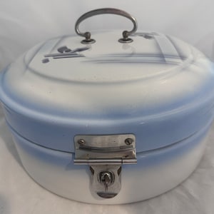 Antique Dutch Blue & White Round Enamelware Bread Box, Vintage, Cottage Decor, Farmhouse Decor, Country Living, Wedding or Housewarming Gift