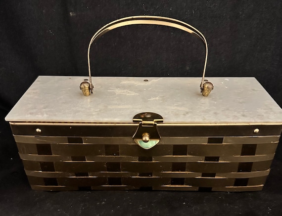 MCM Vintage Purse with Brass Basketweave Sides an… - image 1